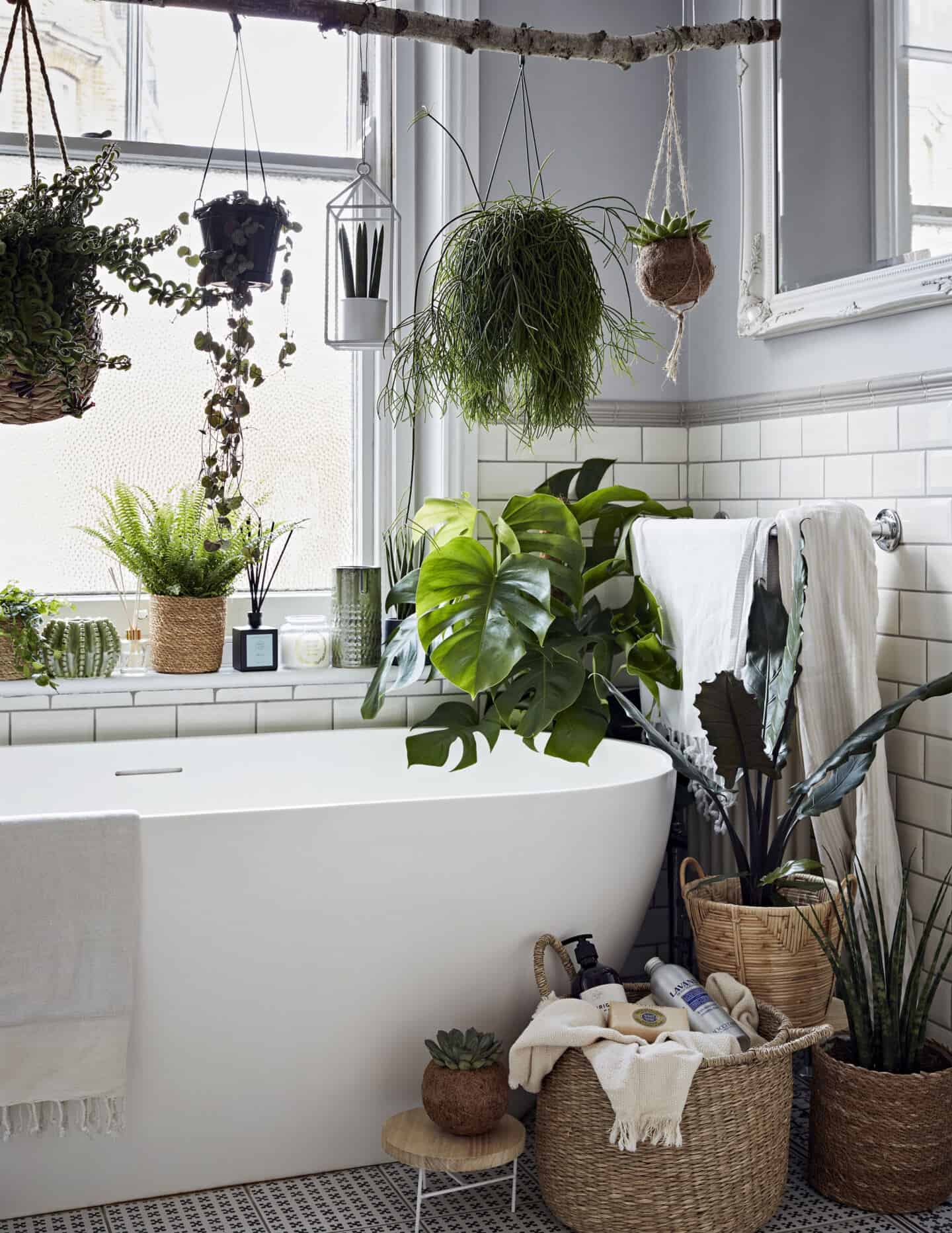 A white bathroom with freestanding bathtub surrounded by plants. Plants can be used to add texture to the bathroom. Image by Dobbies