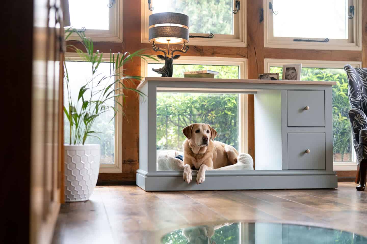 A living room featuring a grey sideboard with integrated dog bed