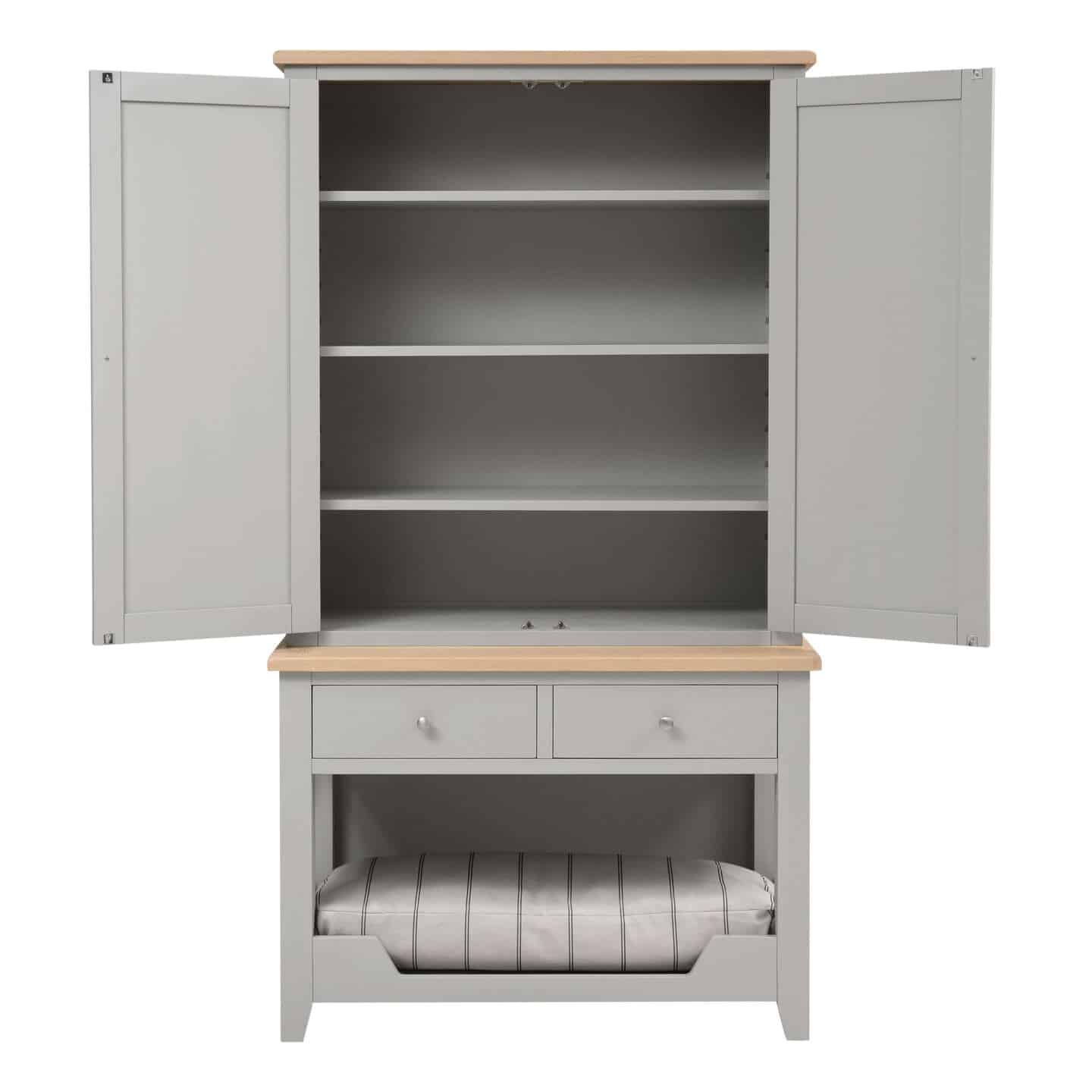 A grey wooden larder cupboard with integrated dog bed