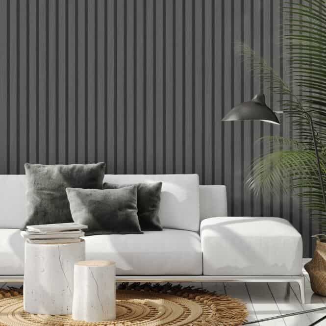 Vertical slat wooden panelling wallpaper from I Love Wallpaper in a living room setting