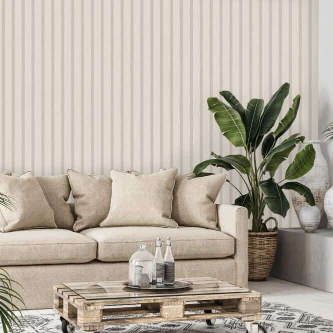 Vertical slat wooden panelling wallpaper from I Love Wallpaper in a living room setting
