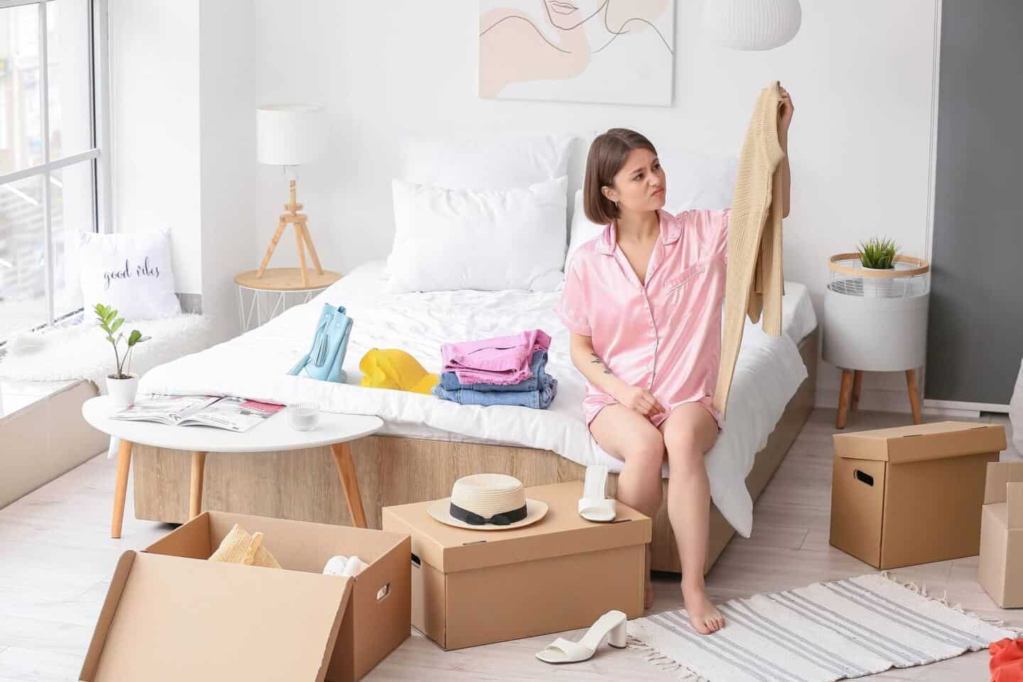 A white woman sat on abed decluttering her home by putting clothing into boxes