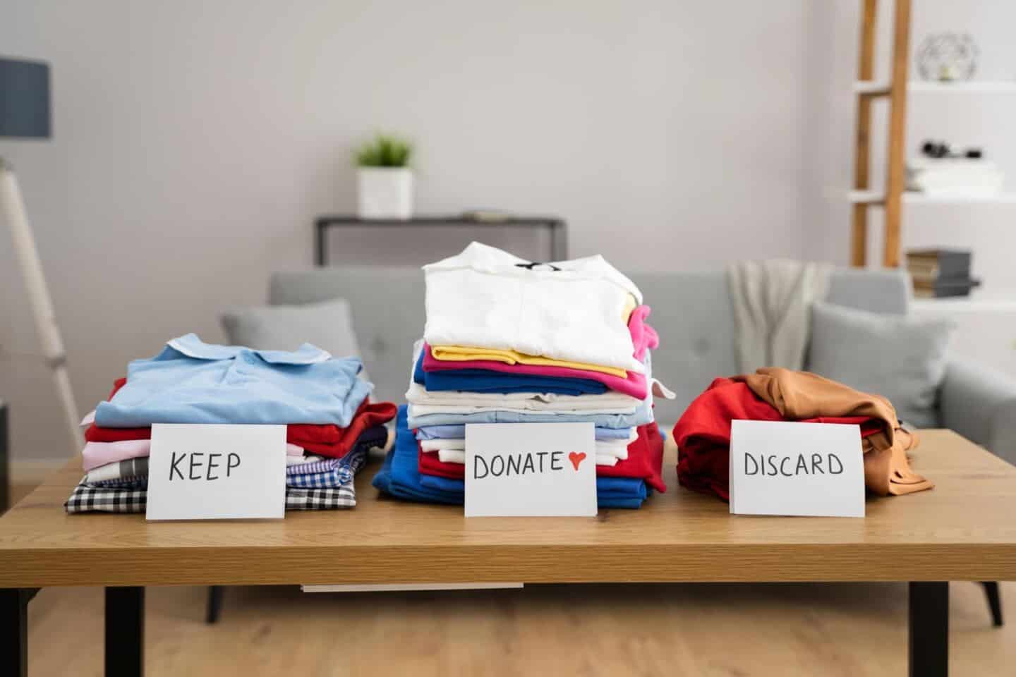 A table featuring three piles of clothes labelled keep, donate, discard