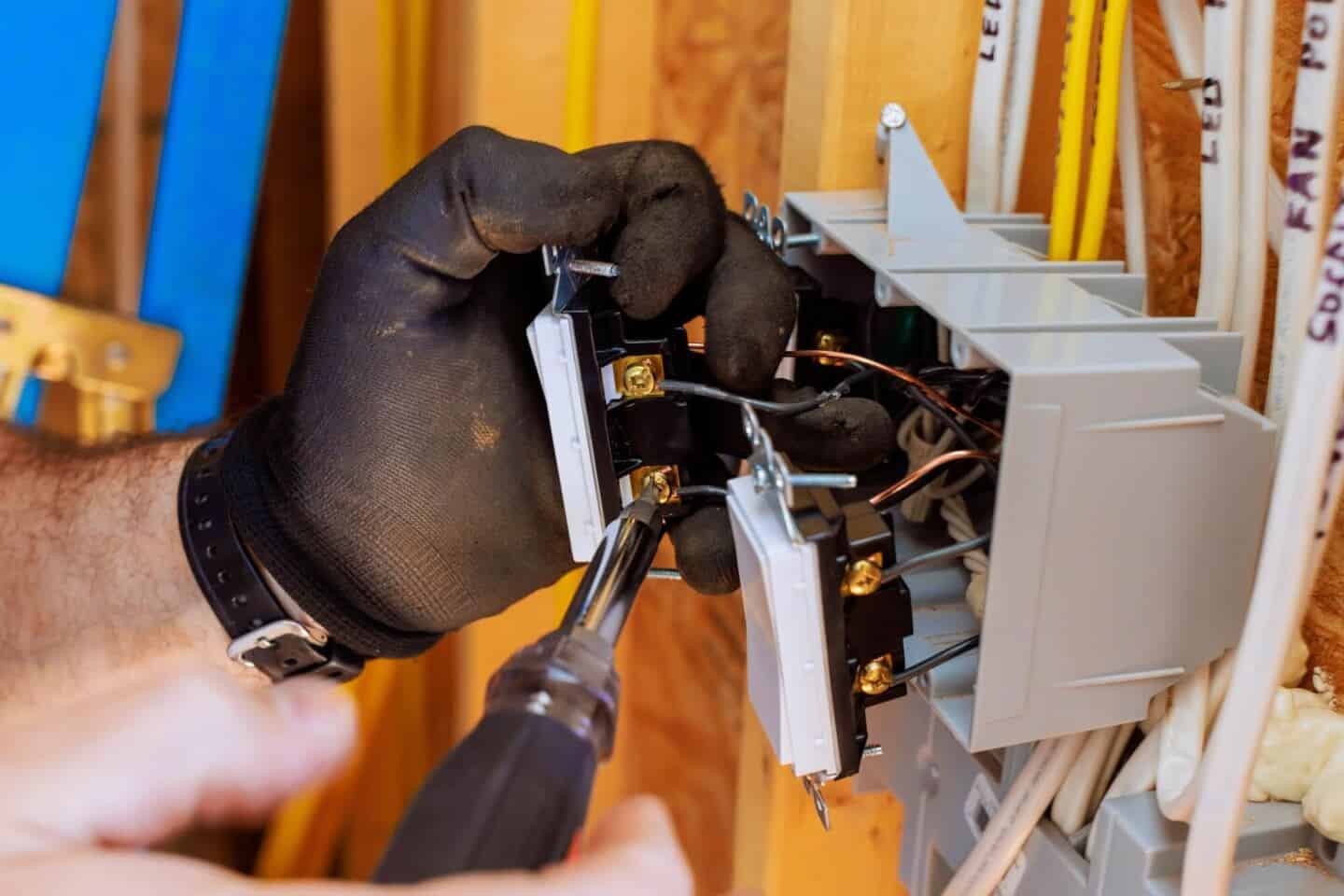 A white man wearing black gloves and connecting electrical wires inside an electrical socket