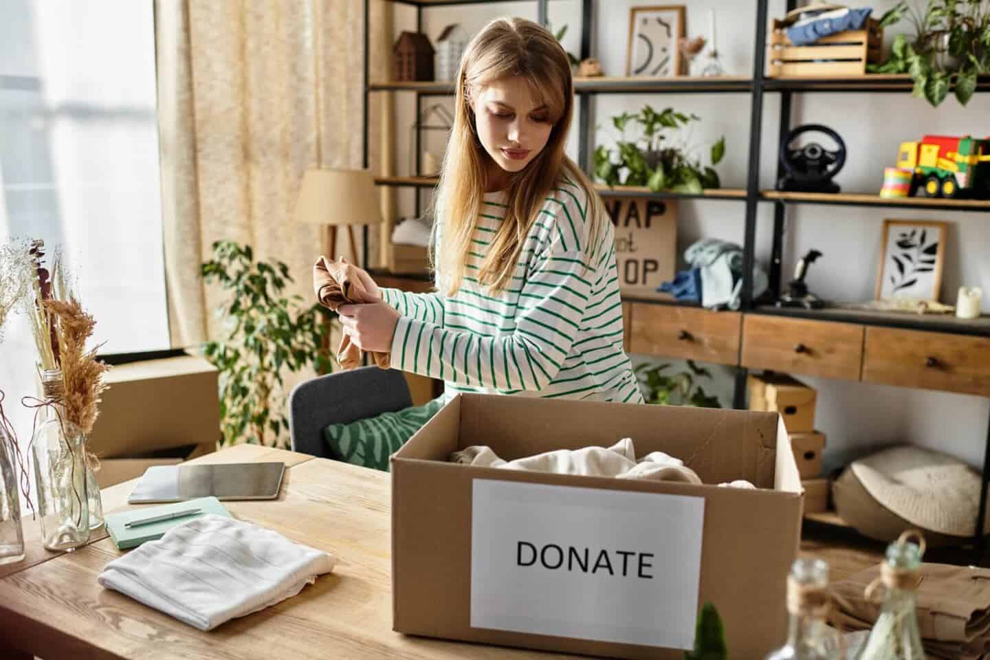 A white woman stood at a table in the living room decluttering her home by putting clothing into a box labelled 'Donate'