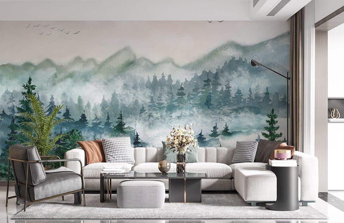 Ever Wallpaper mural of a forest behind a modern white sofa and a grey stone coffee table