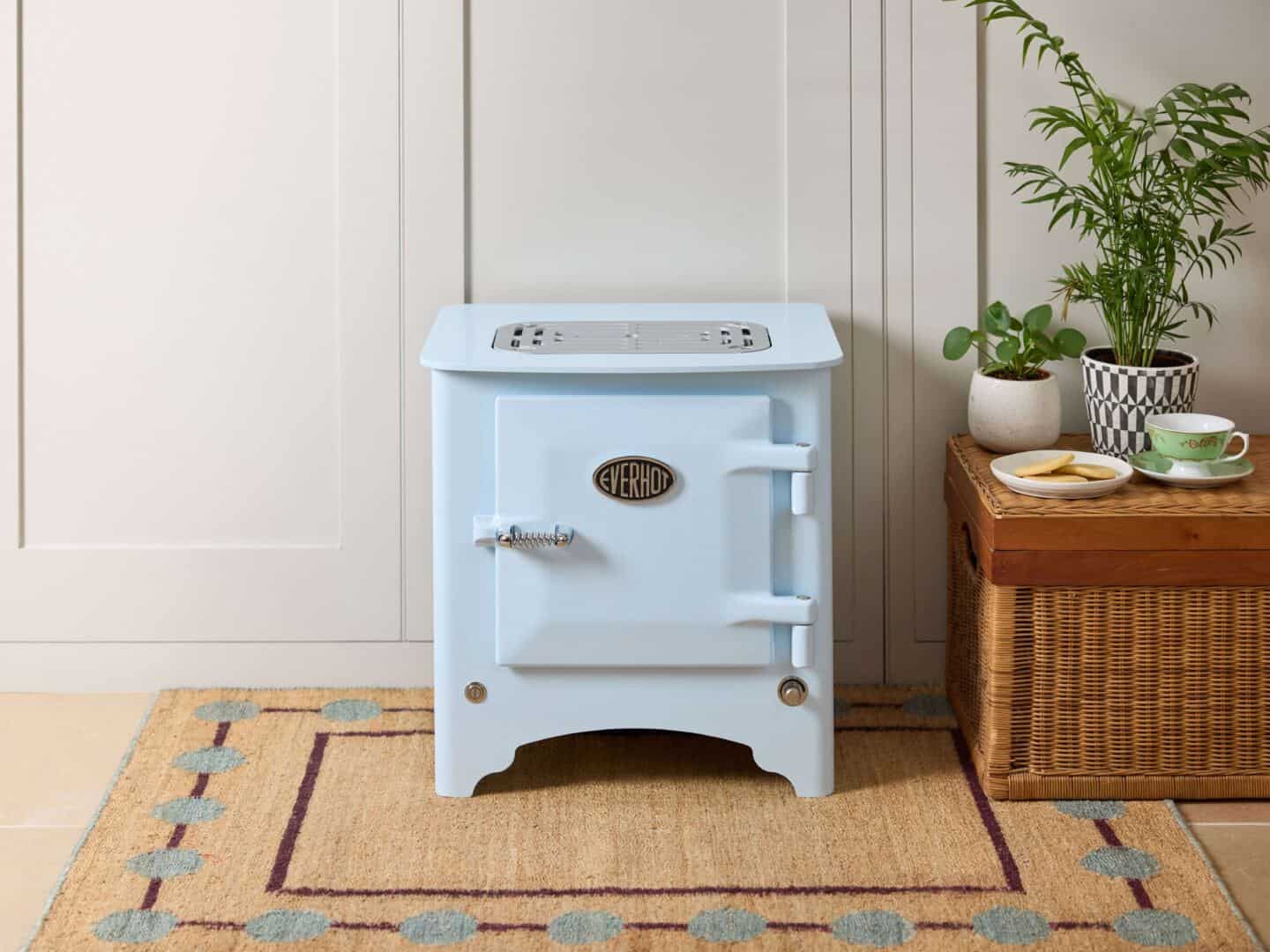 A cast iron electric heater from Everhot in Baby Blue