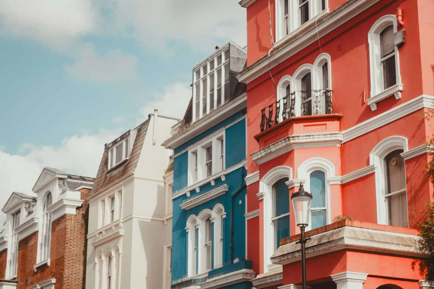 A row of brightly painted period British homes