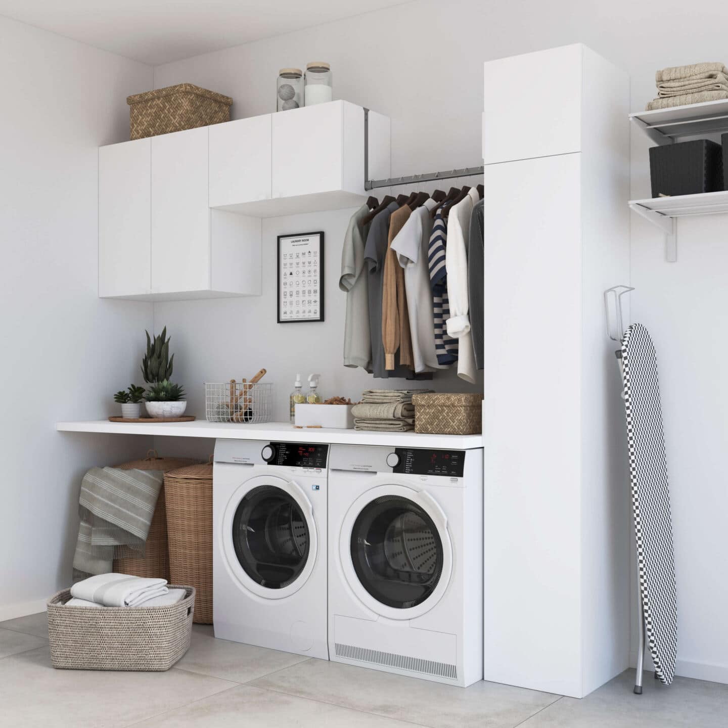 A white utility room with side-by-side washing machine and tumble dryer with a clothes rail above