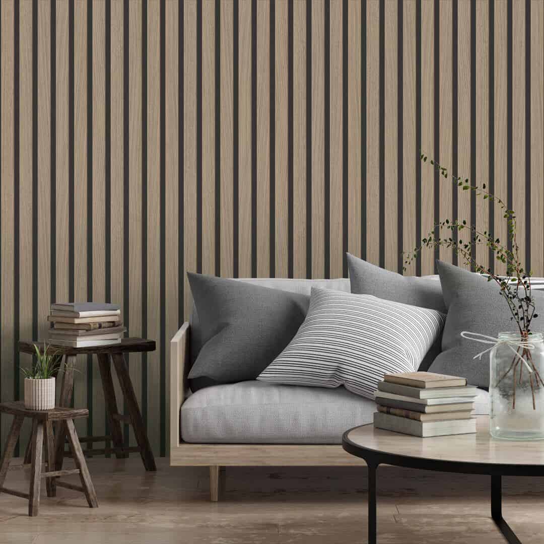 Vertical slat wooden panelling wallpaper from I Love Wallpaper in a living room setting