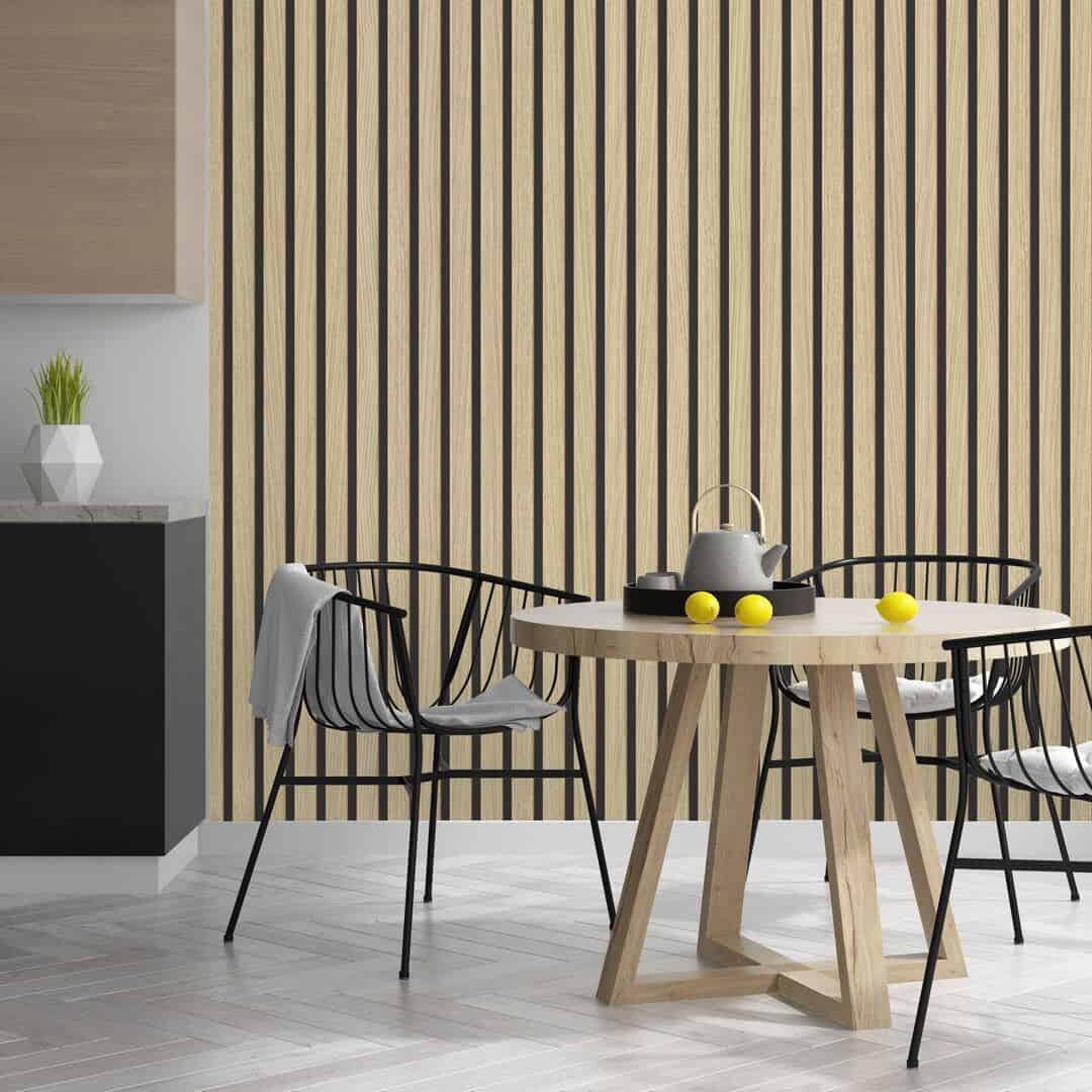 Vertical slat wooden panelling wallpaper from I Love Wallpaper in a dining room setting