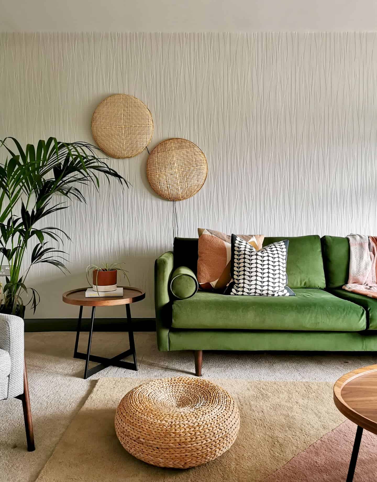Karen Knox, an interior designer at Making Spaces uses Folded Paper wallpaper from Anaglypta to create textured walls in this biophilic living room.