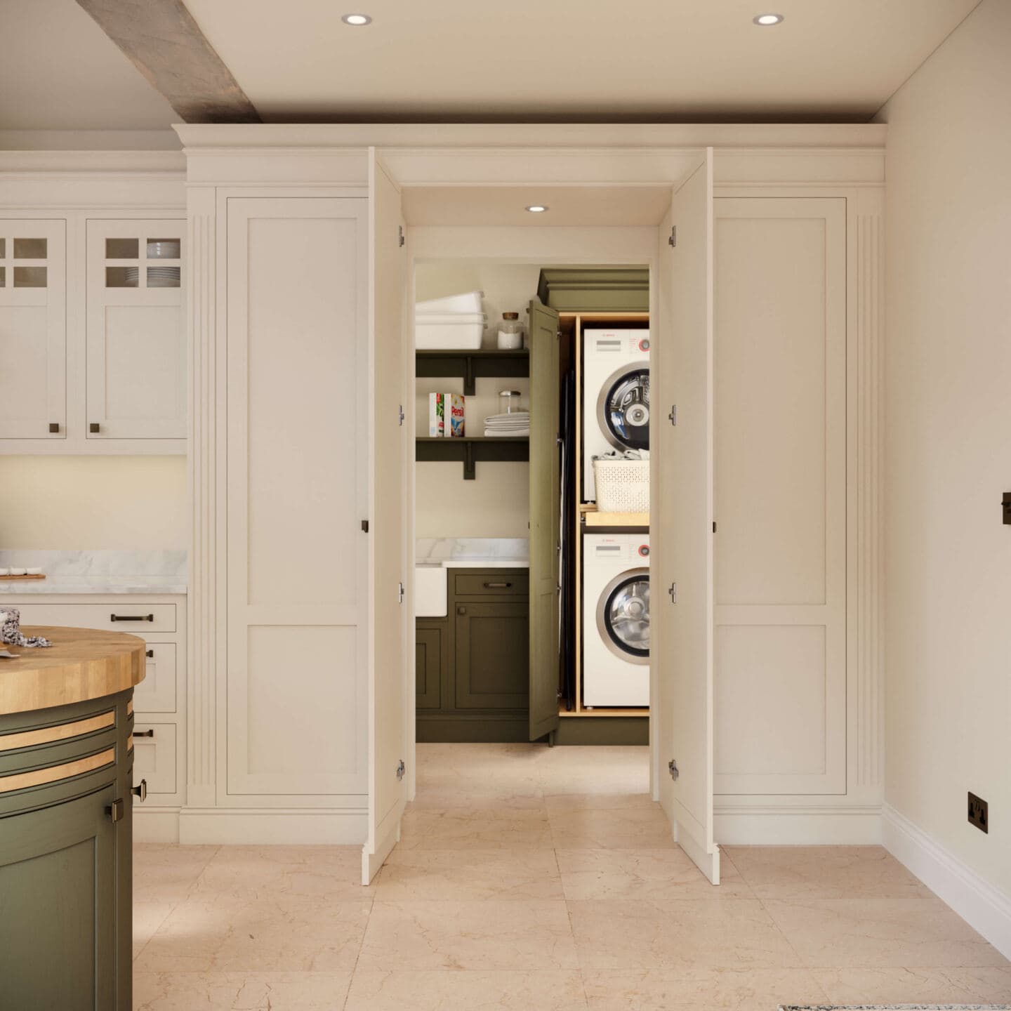 A kitchen with tall pantry doors that lead through to a utility room