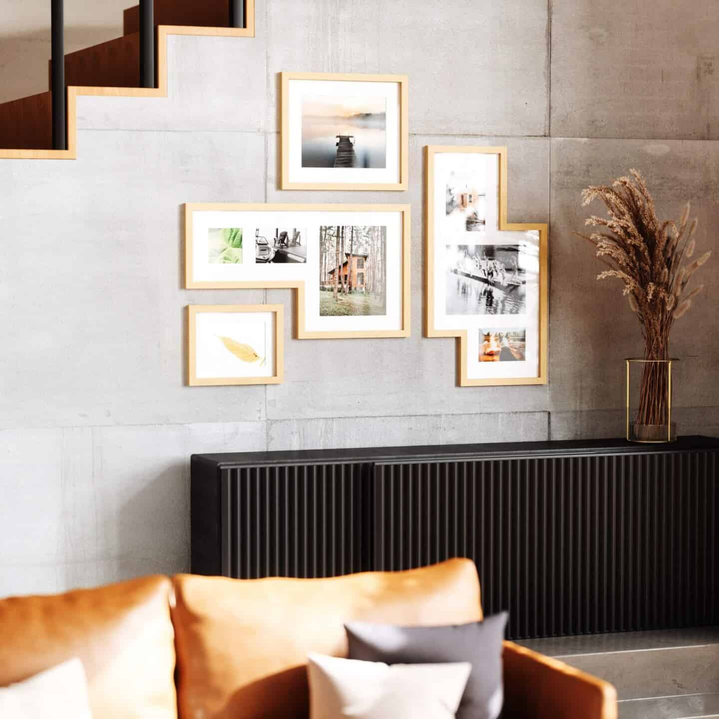 A gallery wall created using multi-aperture frames