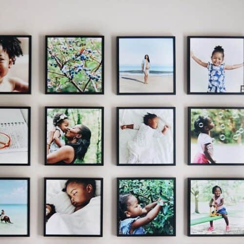 Photo tiles that stick to the wall to create a gallery wall of family photos