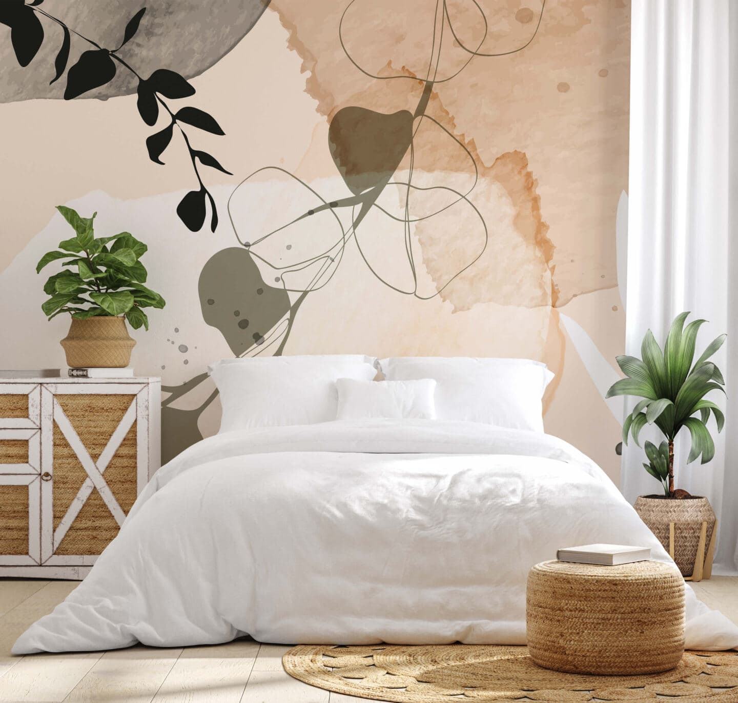 A bedroom with an wall mural behind the bed. It features organic shapes in an earthy colour palette