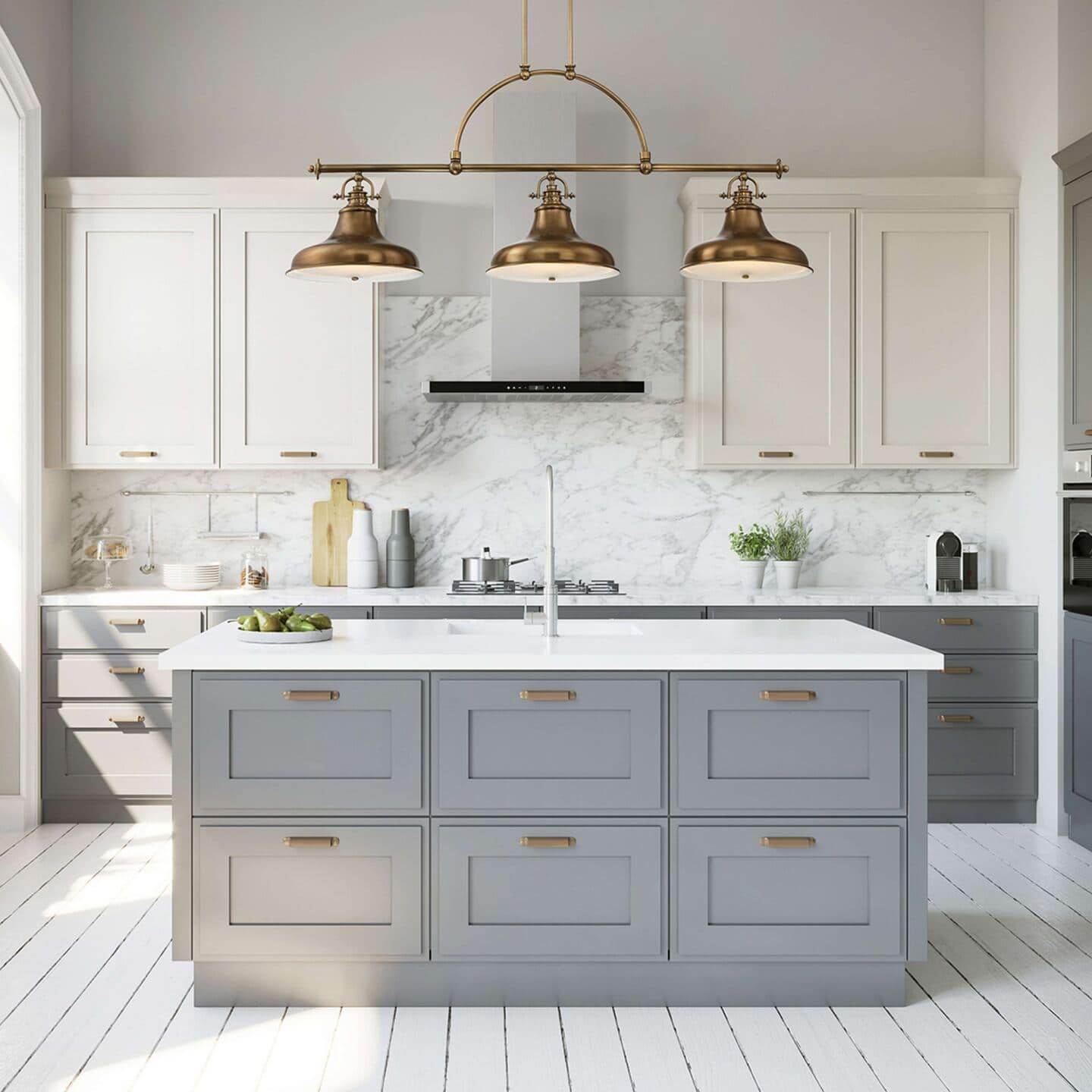 Modern grey kitchen with white painted floorboards