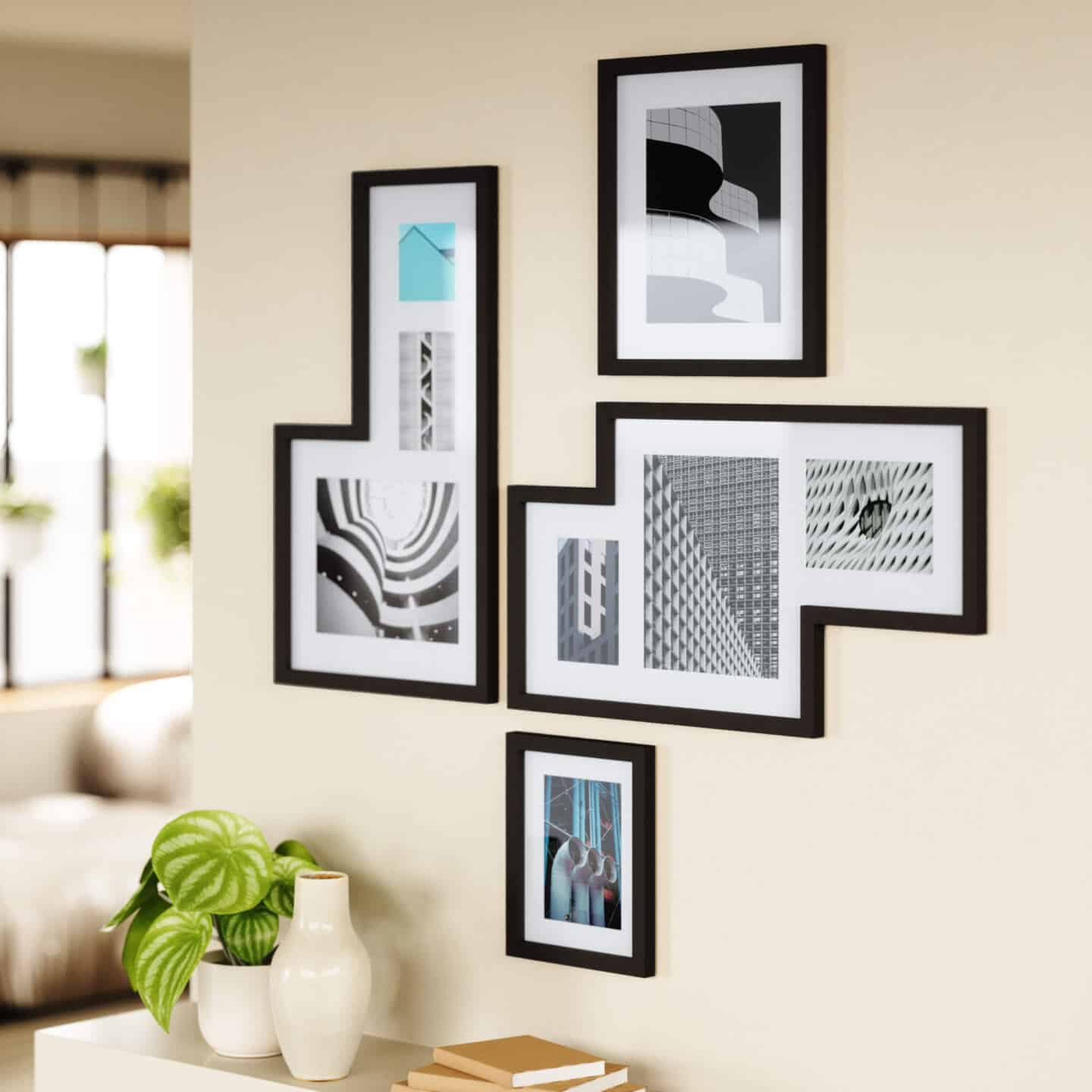 A gallery wall created using multi-aperture frames